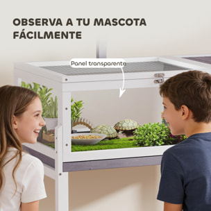 Casa para Tortugas de Madera, Terrario para Reptiles con 2 Techos Abatibles, Bandeja Extraíble, Soporte para Lámpara, Paneles Transparentes, Pestillo de Seguridad y Cuenco, Caseta para Tortugas