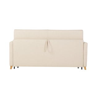 Canapé convertible 3 places en tissu beige et bois clair avec matelas 18 cm SKANDY