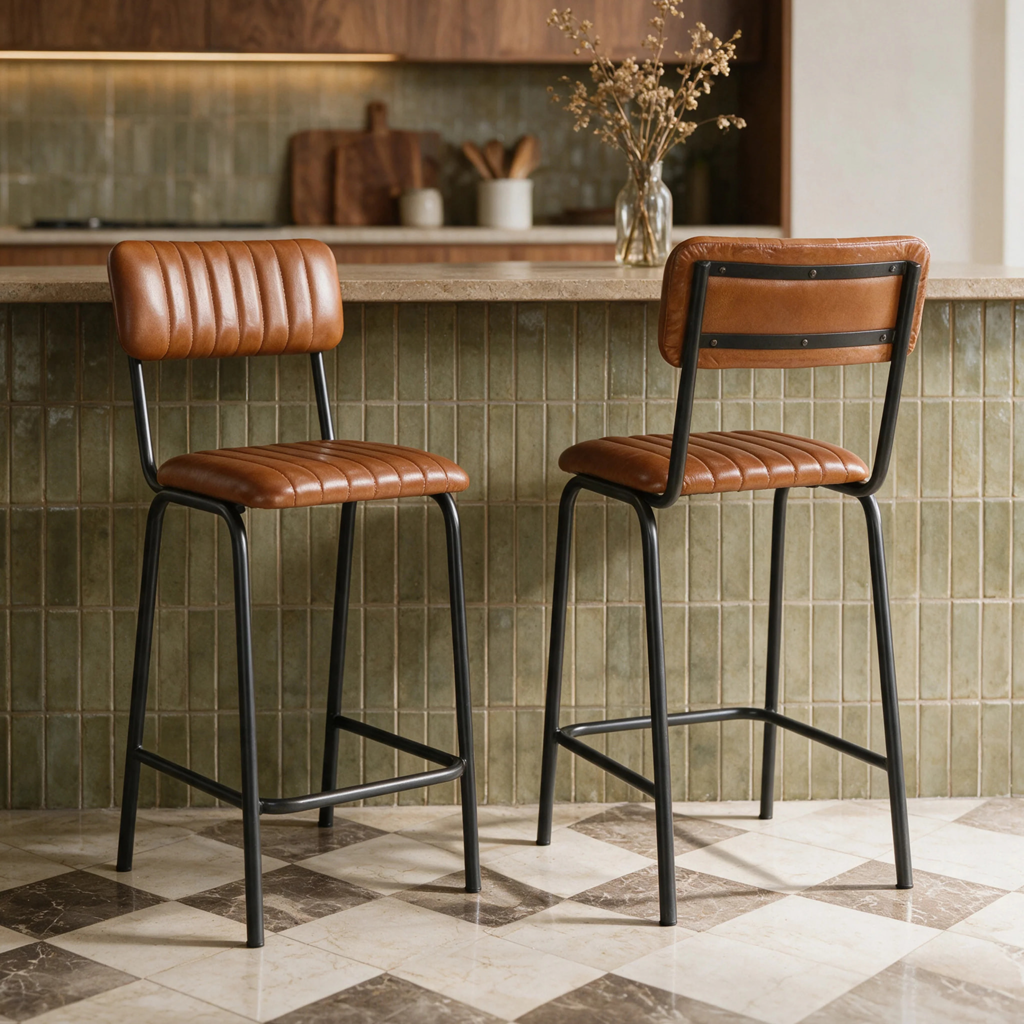 Lot de 2 chaises pour îlot central 65 cm en cuir de buffle marron - Arsène