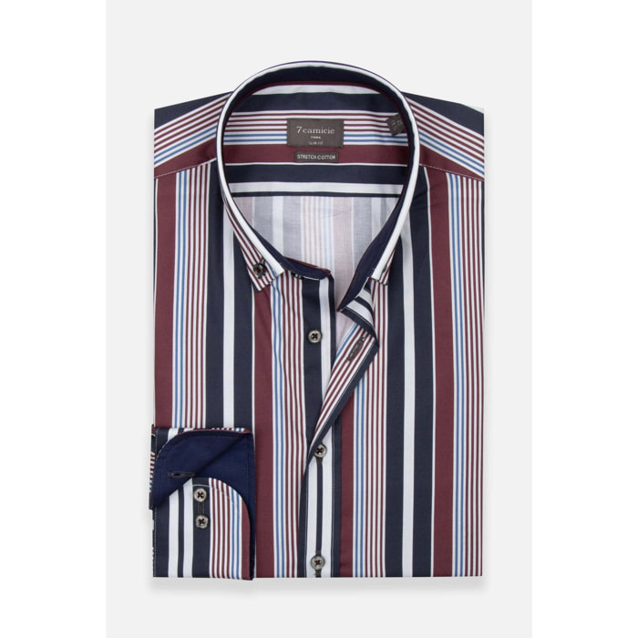 camicia uomo 1 bottone button down slim Popeline Stretch Riga Media Blu/Bordeaux