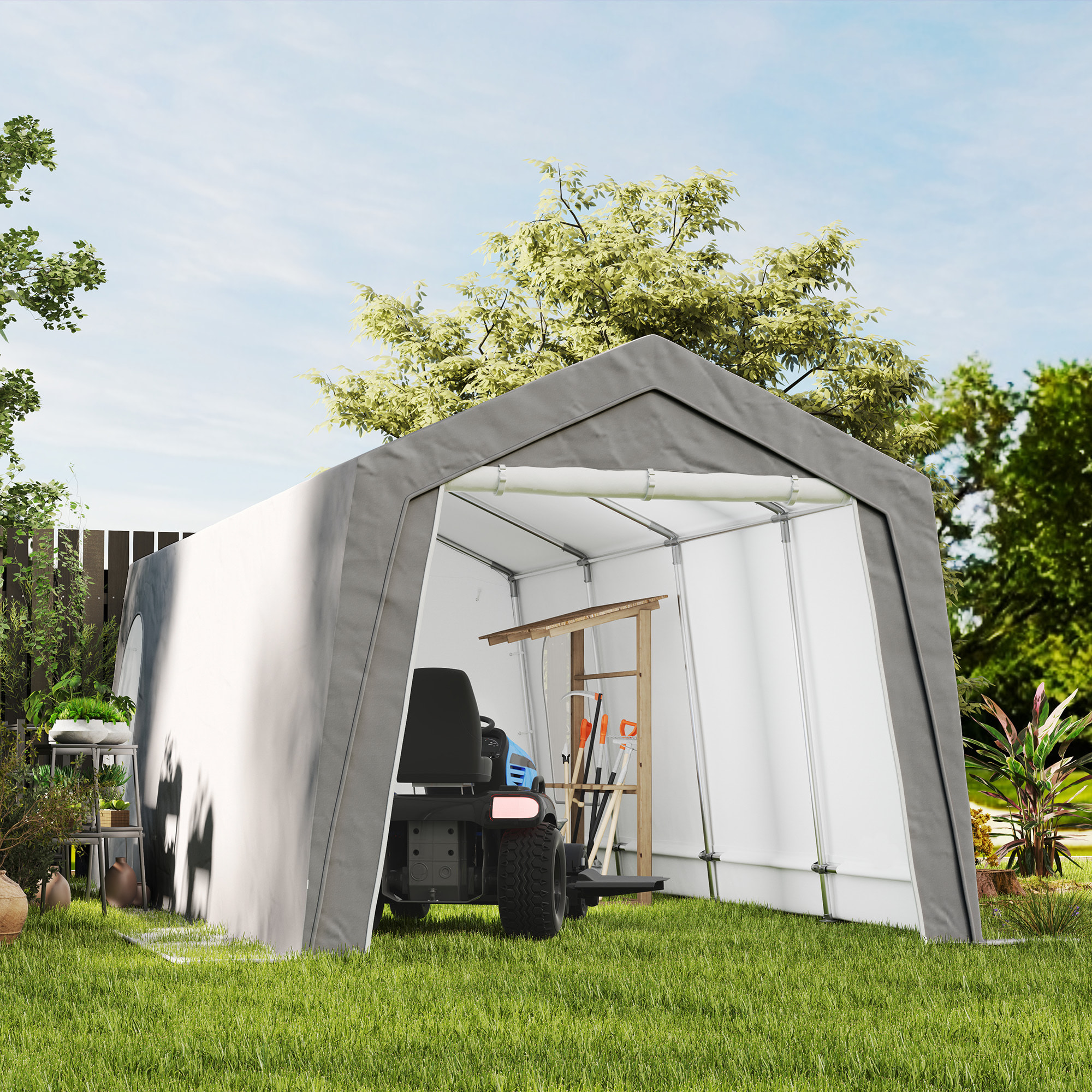Cobertizo Jardín Exterior 300x597x257 cm Carpa con Puerta Enrollable con Cremallera Impermeable Tienda de Almacenamiento en Garaje Exterior para Motos Bicicletas Herramientas de Jardín Gris