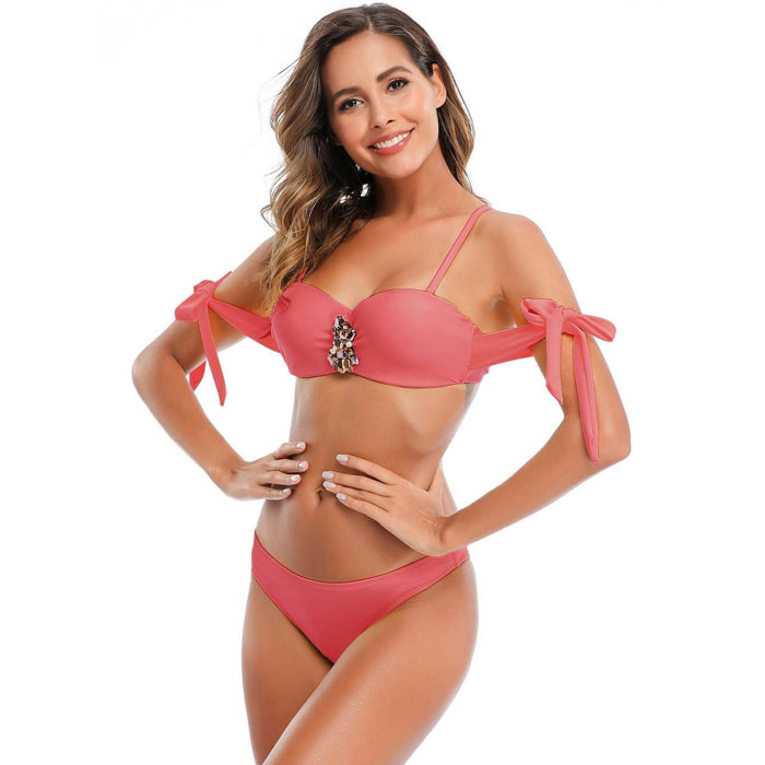 Bikini con decoración de diamantes imitacion y vendaje rosa