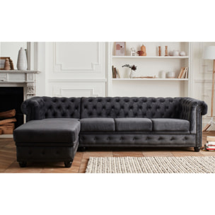 William - canapé Chesterfield d'angle gauche - 4 places - en velours - Gris foncé