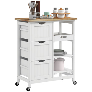 Desserte de cuisine multi-rangement - 3 tiroirs, 2 étagères, plateau amovible - MDF blanc bois hévéa