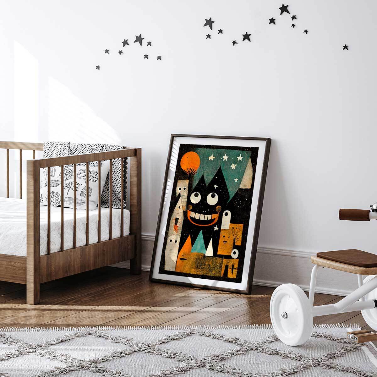 Affiche enfant ville des monstres  Affiche + cadre en bois - Noir