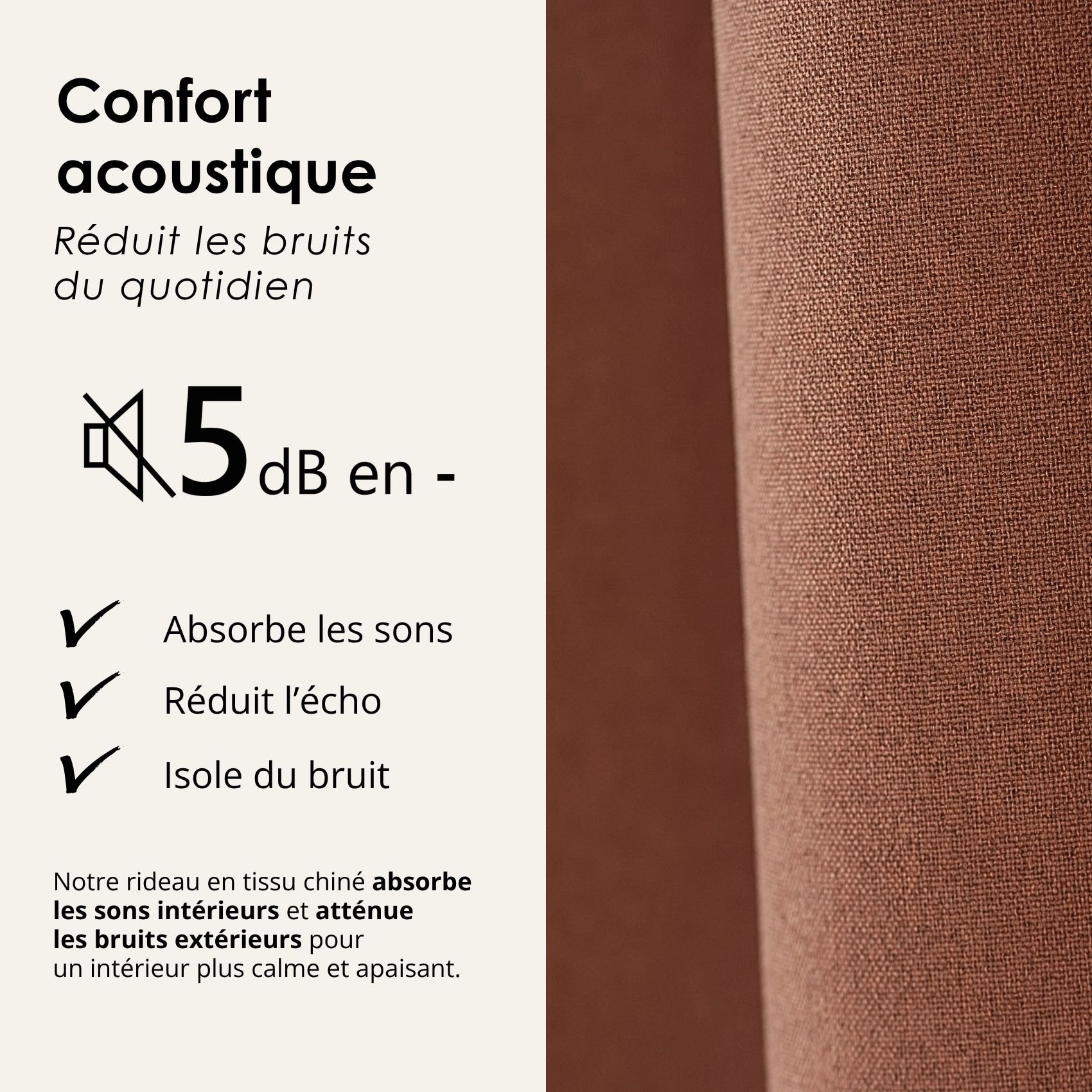 Rideau 100% occultant thermique phonique chiné - Terracotta
