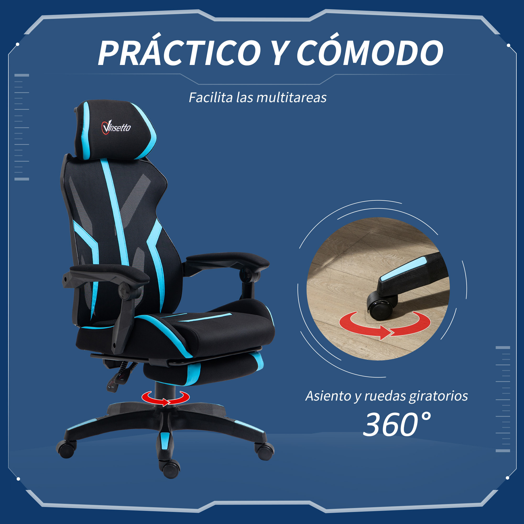 Vinsetto Silla Gaming con Reposapiés Retráctil Silla de Oficina Giratoria Reclinable con Reposacabezas y Altura Ajustable 65x65x119-129 cm Negro y Azul