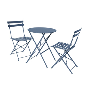 Table de jardin bistrot pliante métal + 2 assises bleu grisé Ø60 x 70cm. acier thermolaqué