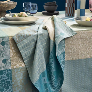 Serviette pur coton motif jacquard bleu beige Mille zen ecume