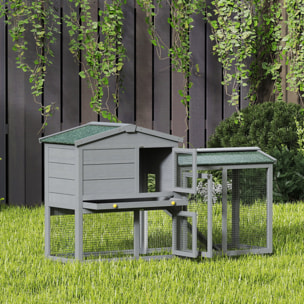 Conejera de Madera de 2 Niveles, Jaula para Conejos Grande con Techo Asfáltico, Bandeja Extraíble y Escalera, Conejera para Exterior, para Cobayas y Hámsteres, 150x45x85 cm, Gris