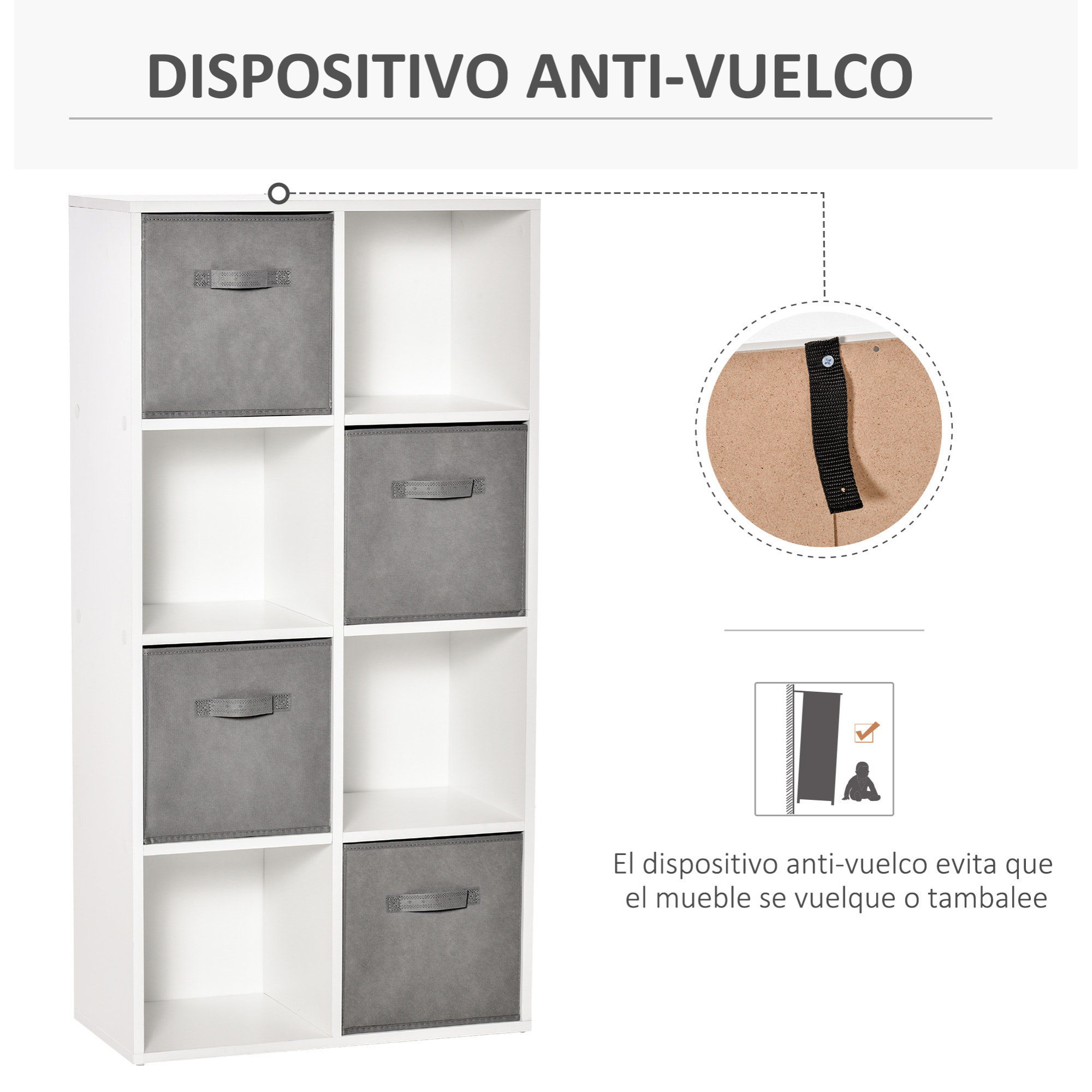 Estantería para Libros de 8 Cubos Librería Modular con 4 Cajones Extraíbles de Tela no Tejida para Oficina Estudio Dormitorio 61,5x30x121,6 cm Blanco y Gris