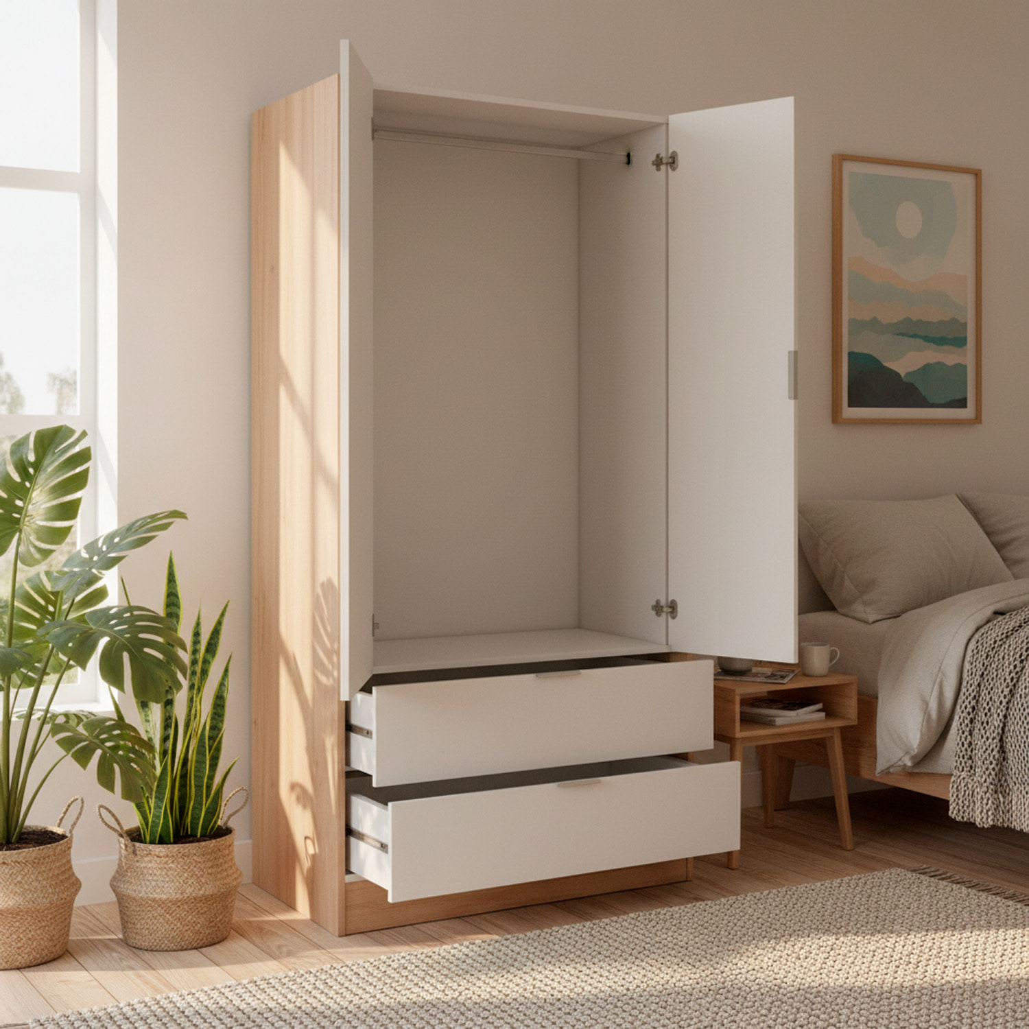 Armadio Guardaroba Con 2 Ante Battenti Asta Appendiabiti E 2 Cassetti Design Moderno Stile Nordico 80 x 52 x 180 Cm Bianco e Rovere