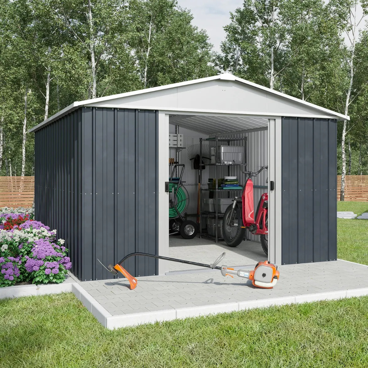 Abri de jardin métal anthracite Yardmaster 11,03 m² + kit d'ancrage