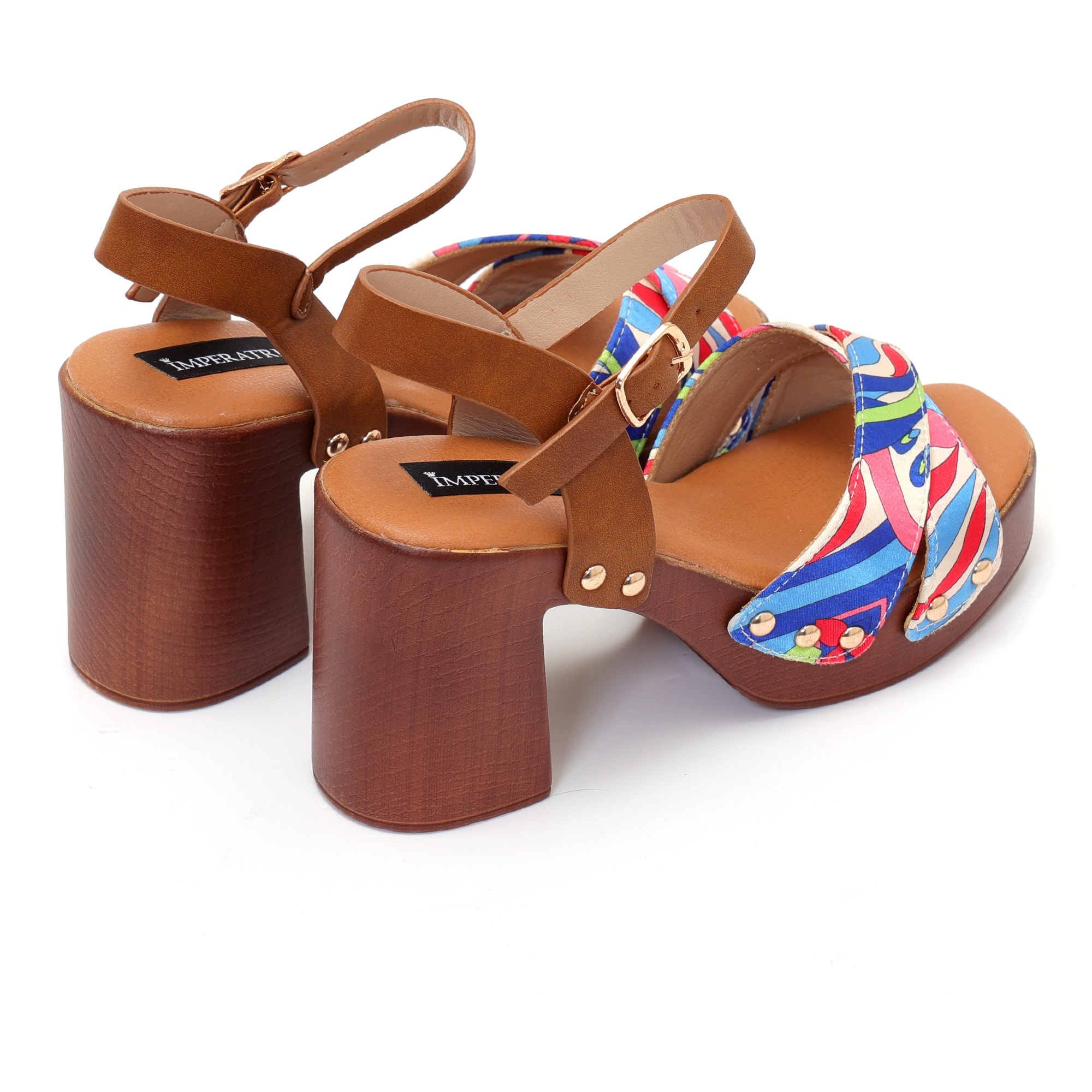 Sandali con tacco comodo e fasce in tessuto multicolore