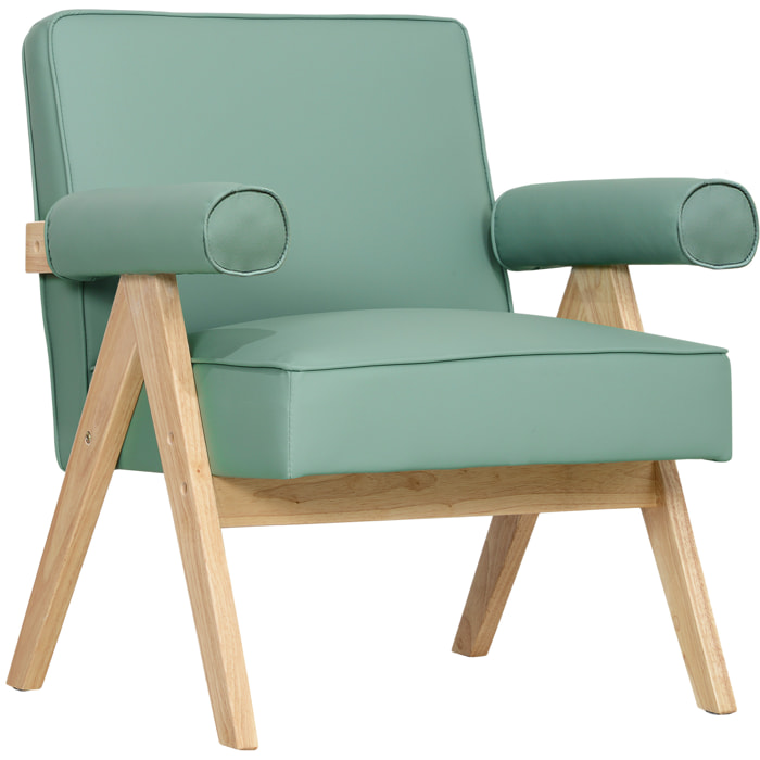 Butaca de Salón Butaca Nórdica Sillón de Salón Tapizado en PU con Reposabrazos y Marco de Madera de Caucho para Dormitorio Carga 120 kg Verde