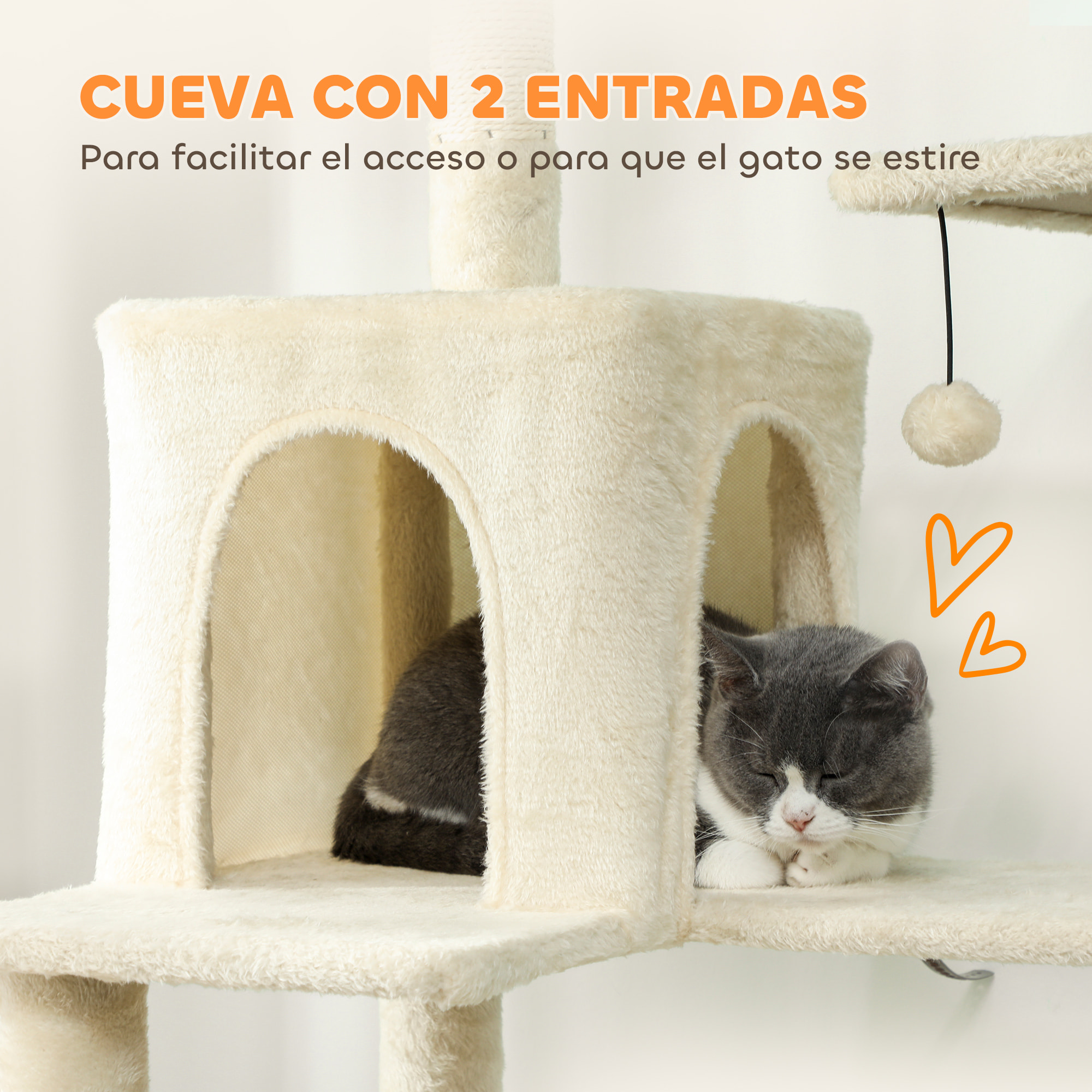 Árbol Rascador para Gatos, Árbol para Gatos 202 cm, Torre Escalador con Plataformas, Cama, Cuevas, Postes de Sisal, Bolas y Cuerda para Jugar, Beige