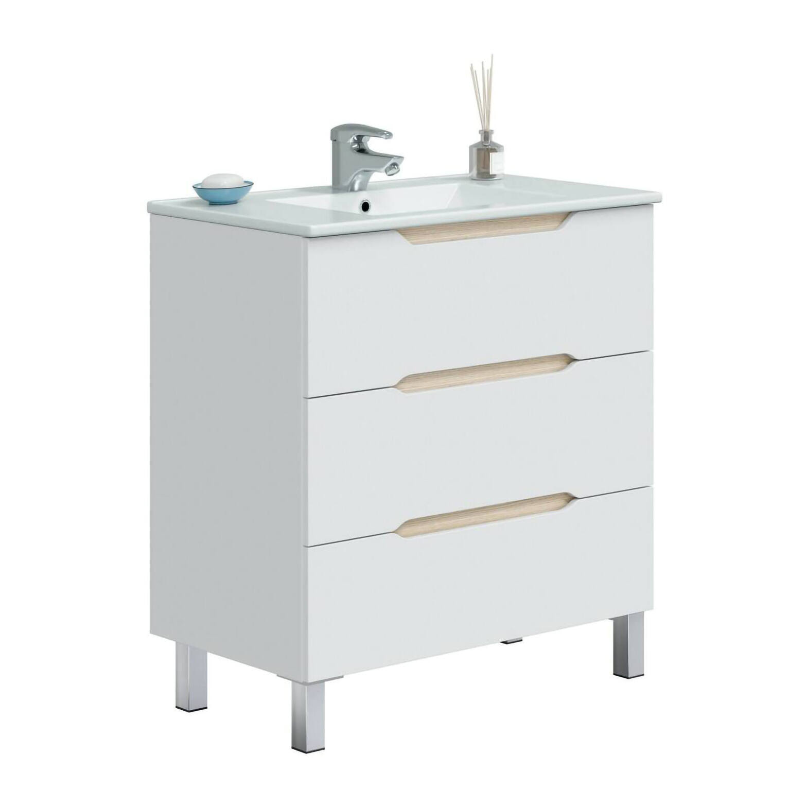 Mobile sottolavabo Dianmu, Mobiletto da bagno, Contenitore porta lavabo, Armadio per lavandino, 80x45 h86 cm, Bianco lucido e Rovere