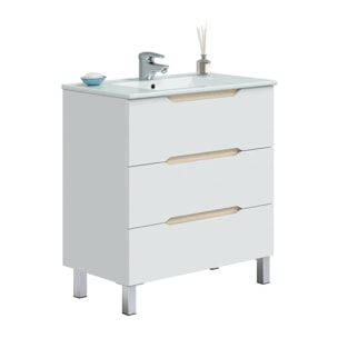Mobile sottolavabo Dianmu, Mobiletto da bagno, Contenitore porta lavabo, Armadio per lavandino, 80x45 h86 cm, Bianco lucido e Rovere