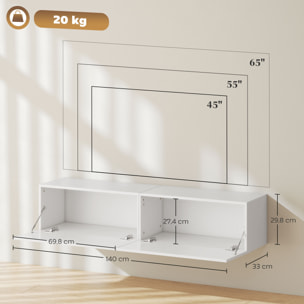Meuble TV suspendu meuble TV flottant design façade blanc laqué 2 portes