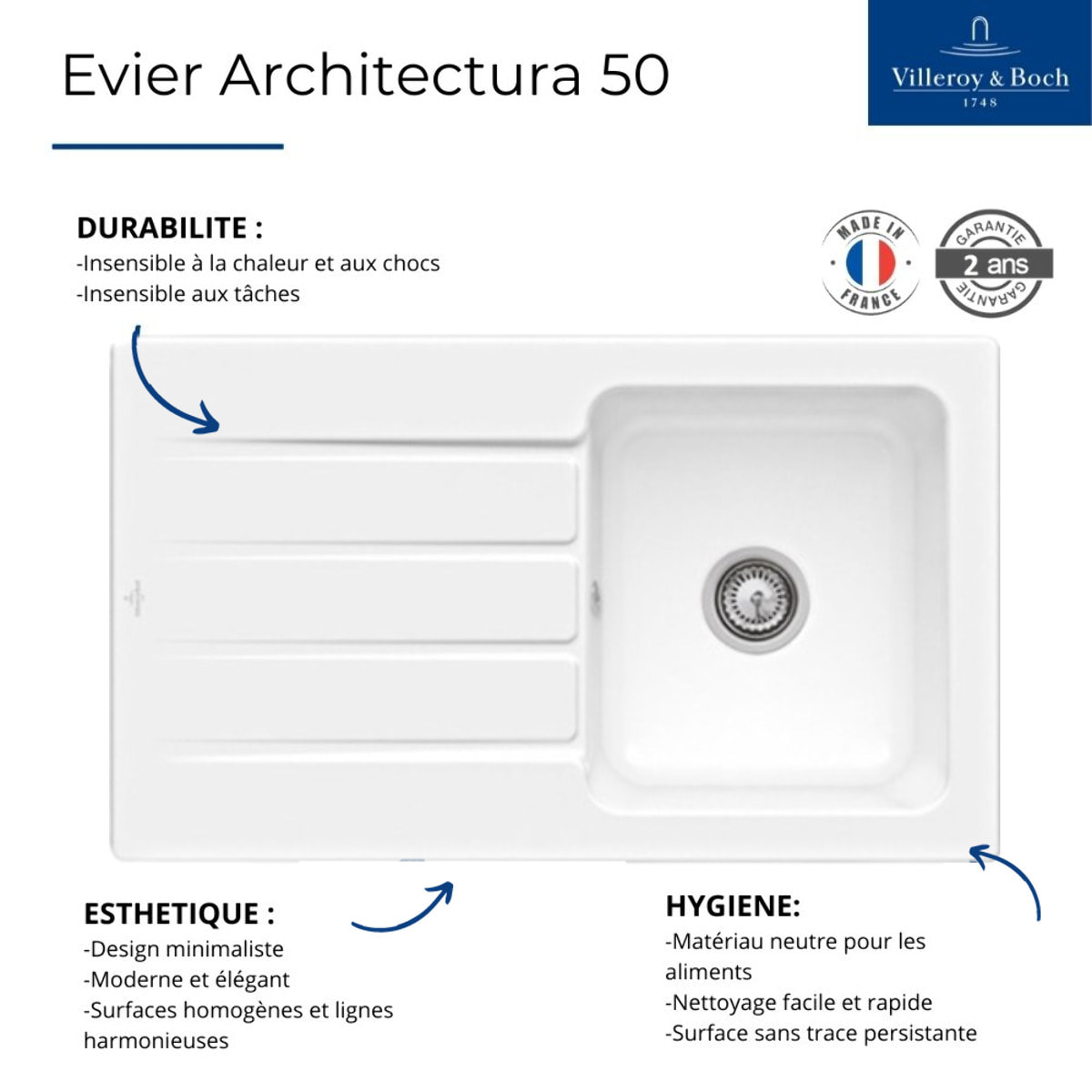 Evier 86 x 51 cm Architectura 50 Blanc