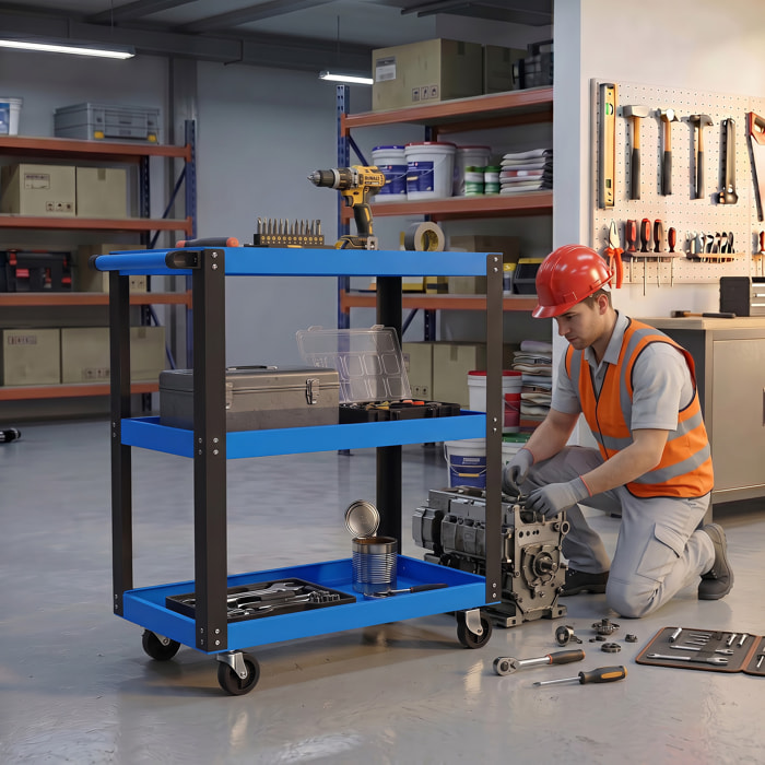 HOMCOM Carro de Taller, Carro de Herramientas con 3 Estantes, Ruedas con Frenos y Asa Lateral, para Garaje Mecánico, Hogar, Carga 120 kg, Azul