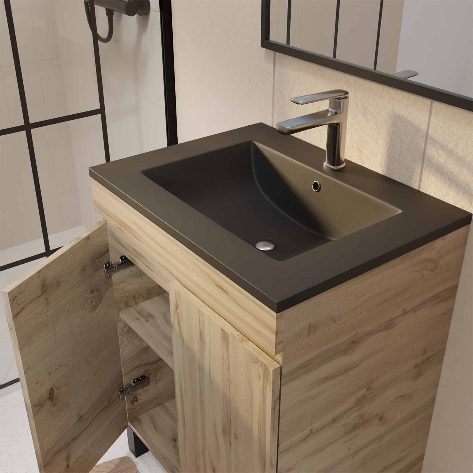 Meuble salle de bains 60cm décor chene naturel 2 portes - Vasque noire et Miroir - TIMBER
