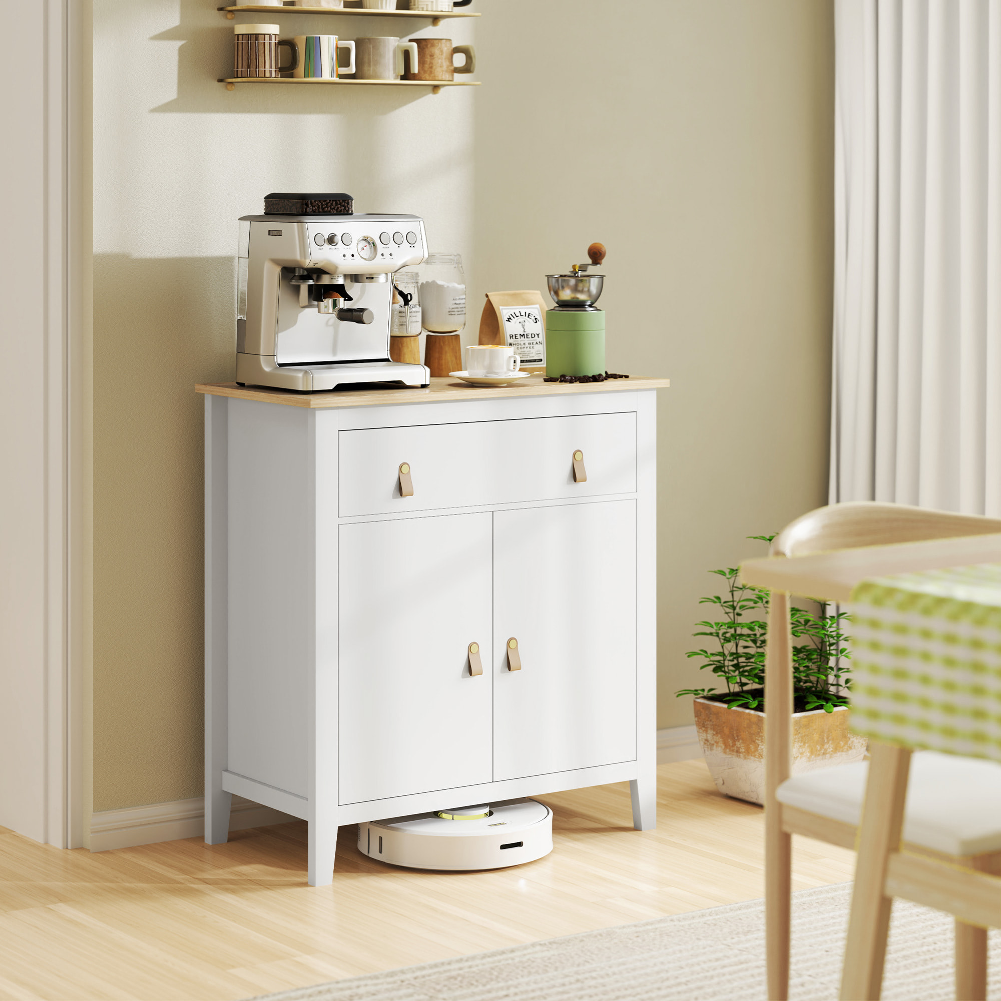 Aparador de 2 Puertas Aparador de Salón Moderno con Cajón Estante Ajustable y Tiradores de PU Mueble Auxiliar para Comedor Pasillo 80x40x90 cm Blanco y Roble