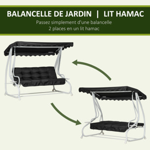 Balancelle de jardin convertible 2 places grand confort toit inclinaison réglable coussins inclus plateaux porte-gobelets acier polyester noir