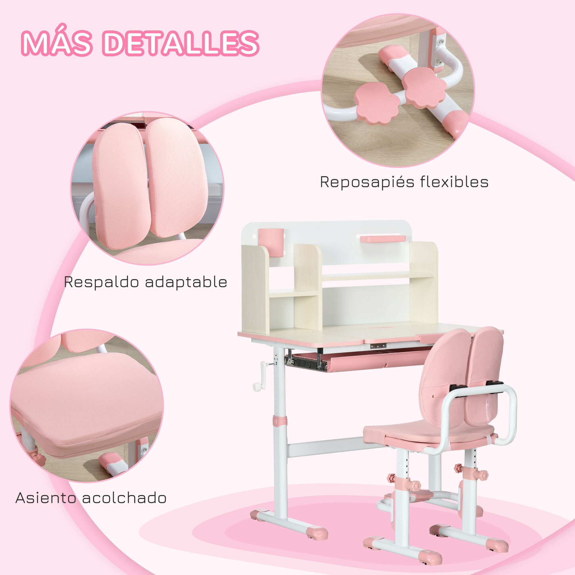 Juego de Escritorio y Silla para Niños de +3 Años Pupitre Infantil Altura Ajustable con 1 Cajón 1 Estante para Libros y Tablero de Mesa Inclinable 80x52x88-109 cm Rosa y Blanco