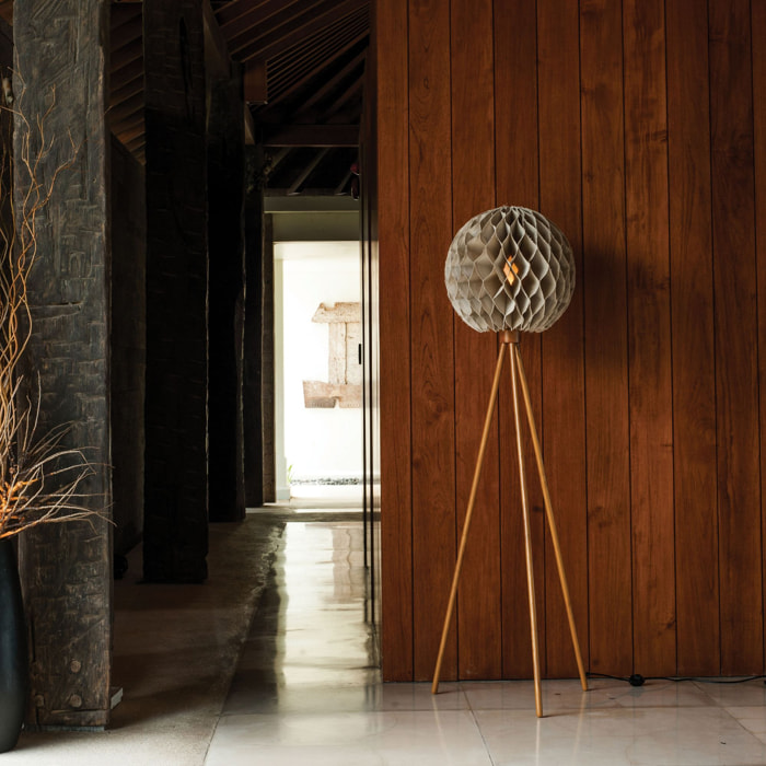 Lampadaire en lin taupe pied en teck h163cm BULAT