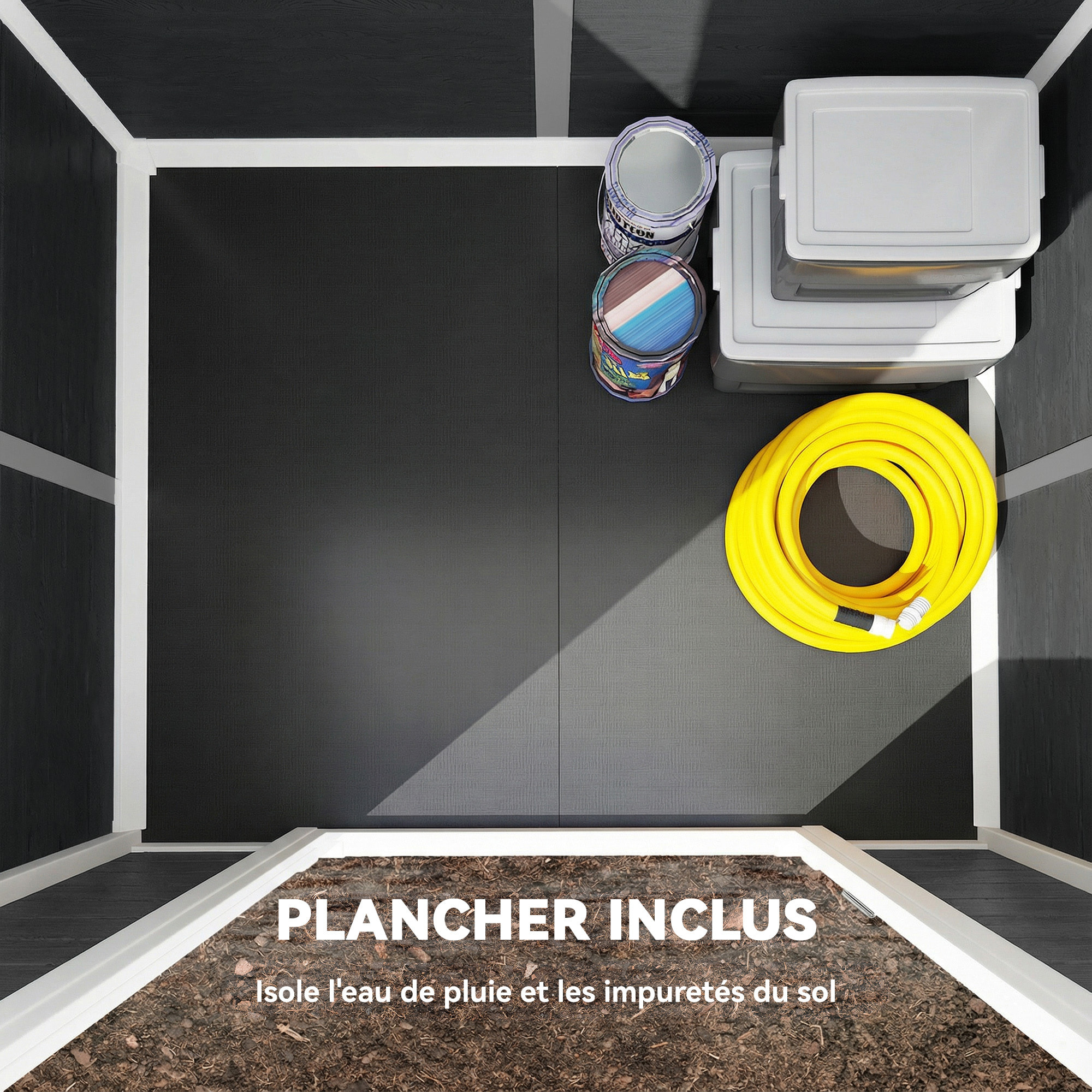 Abri de jardin 1,09 m² porte verrouillable plancher fenêtre aération résine PP effet bois gris blanc