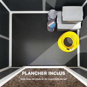 Abri de jardin 1,09 m² porte verrouillable plancher fenêtre aération résine PP effet bois gris blanc