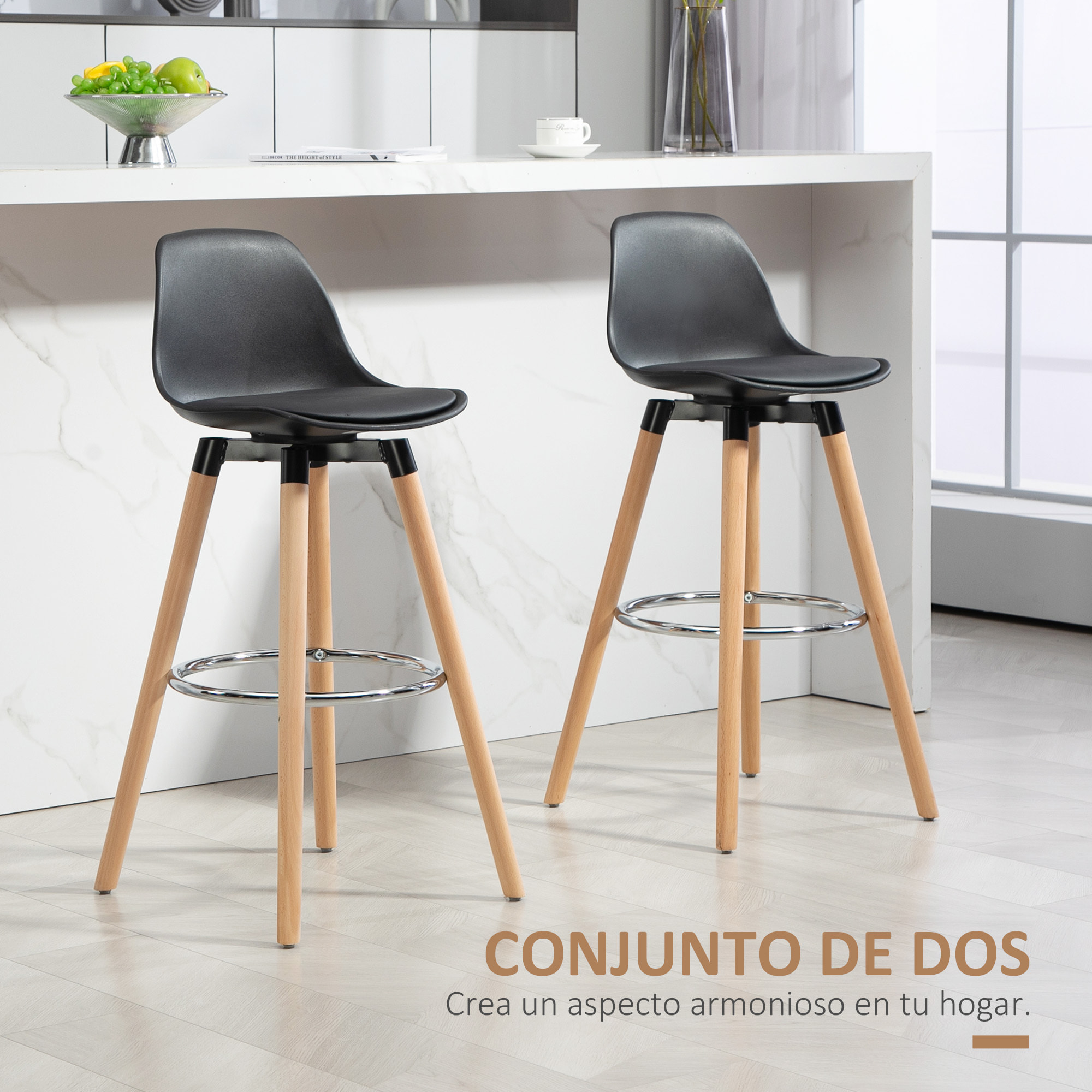 Juego de 2 Taburetes Altos de Cocina Altura Asiento 69 cm Taburetes de Bar Sillas Altas de Cocina Tapizado en PU con Respaldo Patas de Madera para Comedor Negro