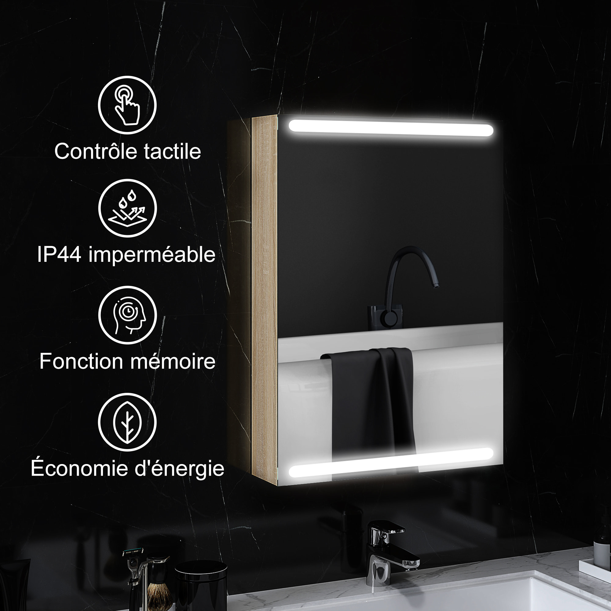Armoire murale salle de bain  1 porte miroir lumineux LED intégré 50 x 70 cm 2 étagères verre effet bois