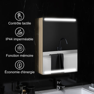 Armoire murale salle de bain  1 porte miroir lumineux LED intégré 50 x 70 cm 2 étagères verre effet bois