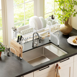 Escurreplatos sobre Fregadero de Acero Escurridor de Platos de 2 Niveles con Soporte para Tabla de Cortar Soporte de Cubiertos 100x30x54,5 cm Blanco