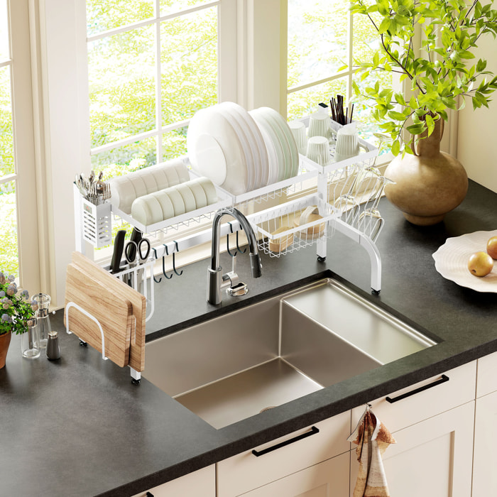 Escurreplatos sobre Fregadero de Acero Escurridor de Platos de 2 Niveles con Soporte para Tabla de Cortar Soporte de Cubiertos 100x30x54,5 cm Blanco