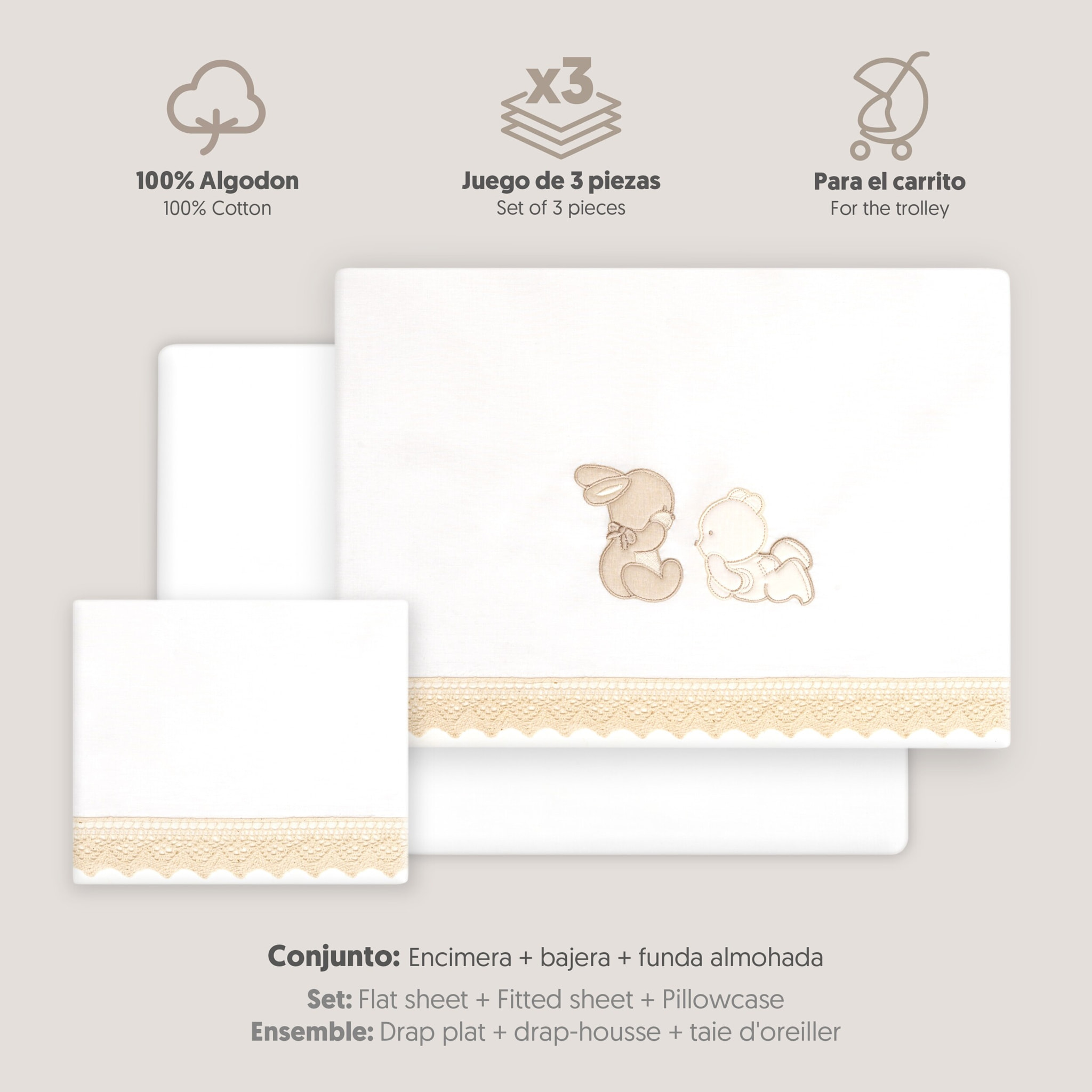 Triptico Coche Oso Tumbado Conejito Bco/Beig