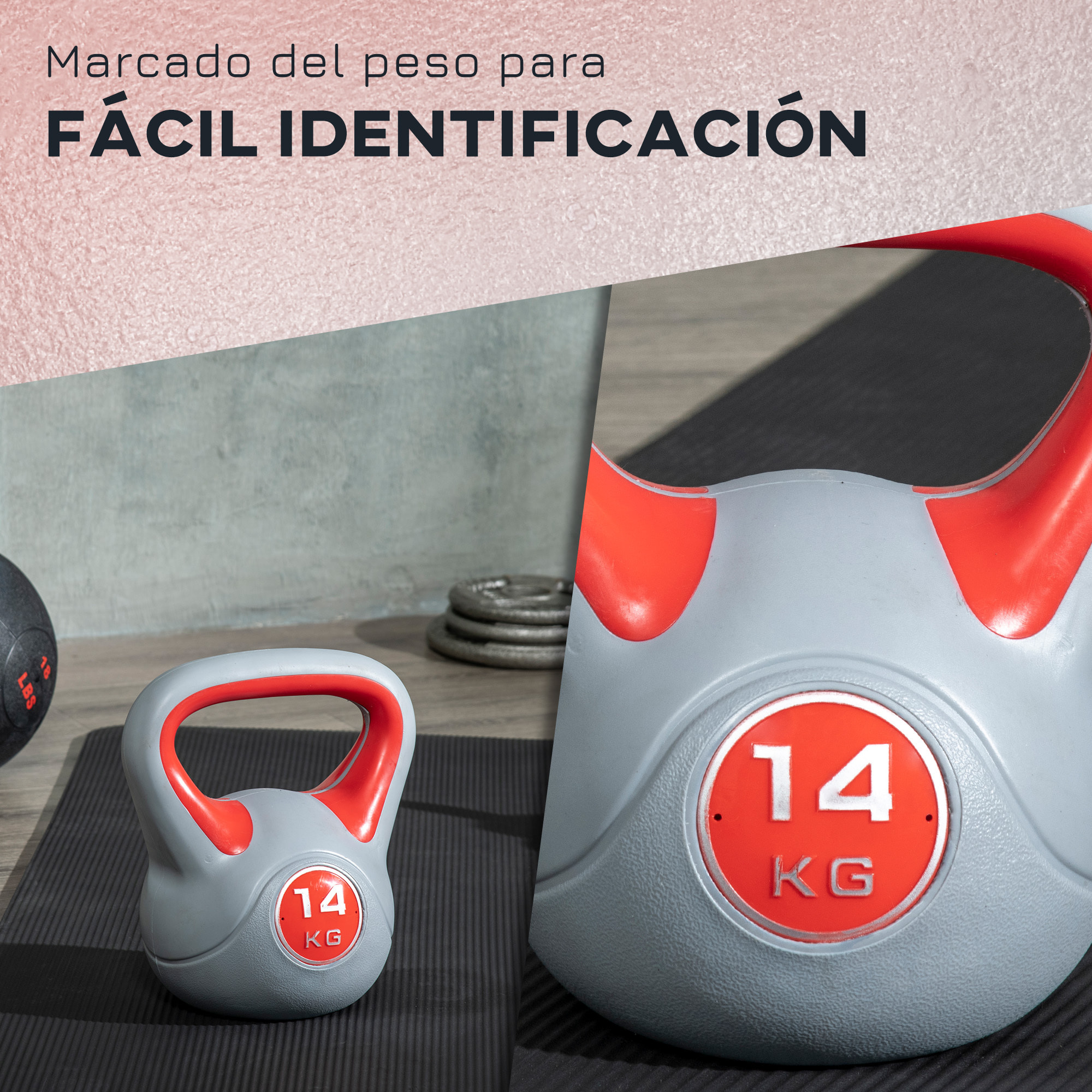 Pesa Rusa 14 kg Kettlebell Revestimiento de PU y Relleno de Arena Mango Ancho para Entrenamiento Culturismo en Casa Gimnasio 26x18x32 cm Rojo y Gris