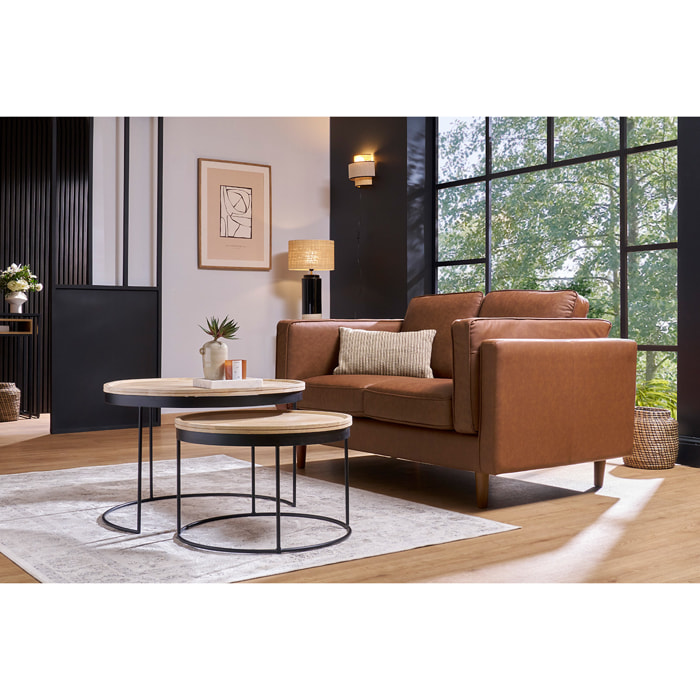 Canapé vintage 2 places cuir marron et bois foncé BRADLEY