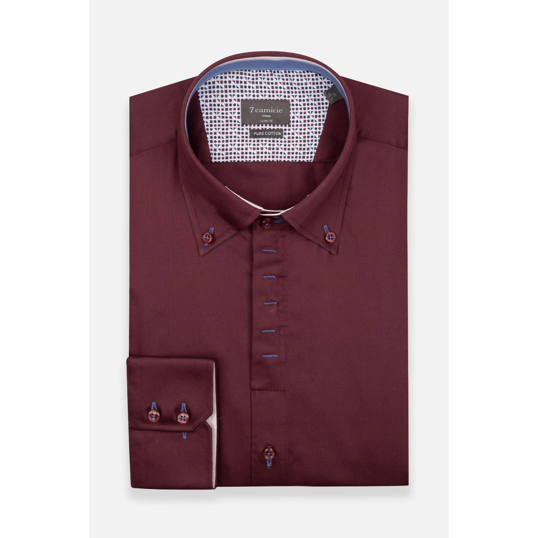Camicia Uomo 2 Bottoni Button Down Slim Satin Unito Bordeaux