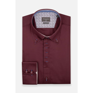 Camicia Uomo 2 Bottoni Button Down Slim Satin Unito Bordeaux