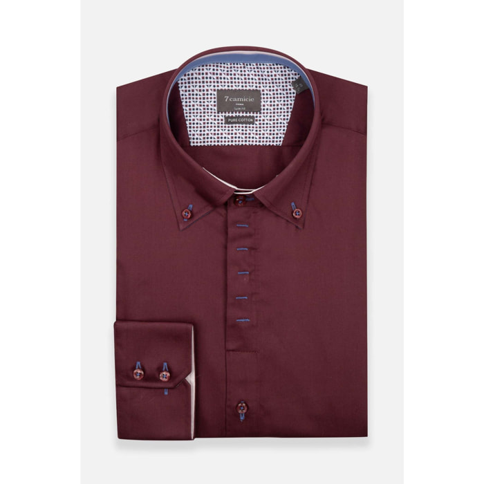 Camicia Uomo 2 Bottoni Button Down Slim Satin Unito Bordeaux