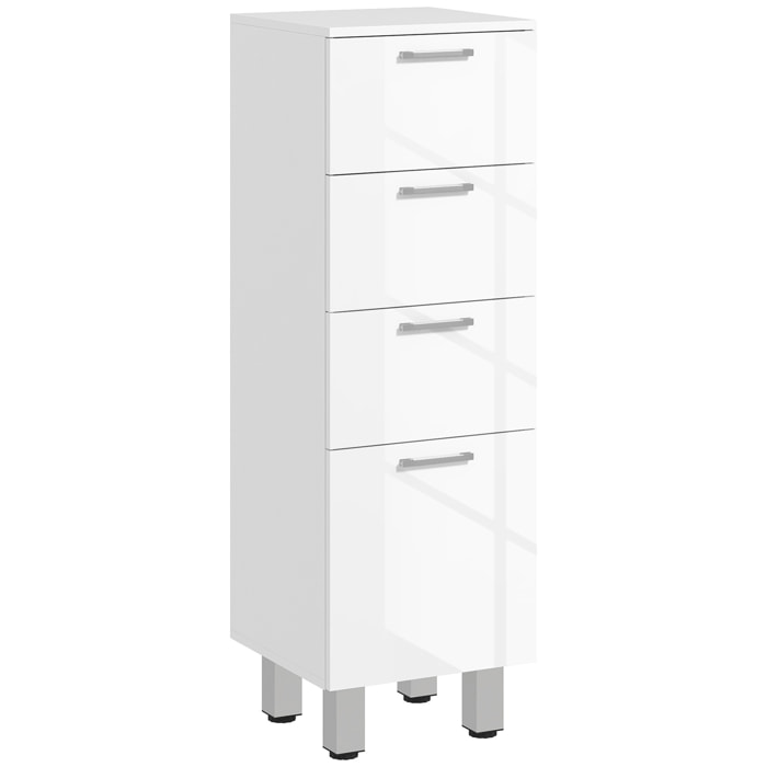 Mueble Auxiliar Baño Moderno Armario de Baño con 4 Cajones y 4 Patas Mueble de Almacenaje para Salón Dormitorio Antivuelco Carga 30 kg 30x30x93 cm Blanco Brillante