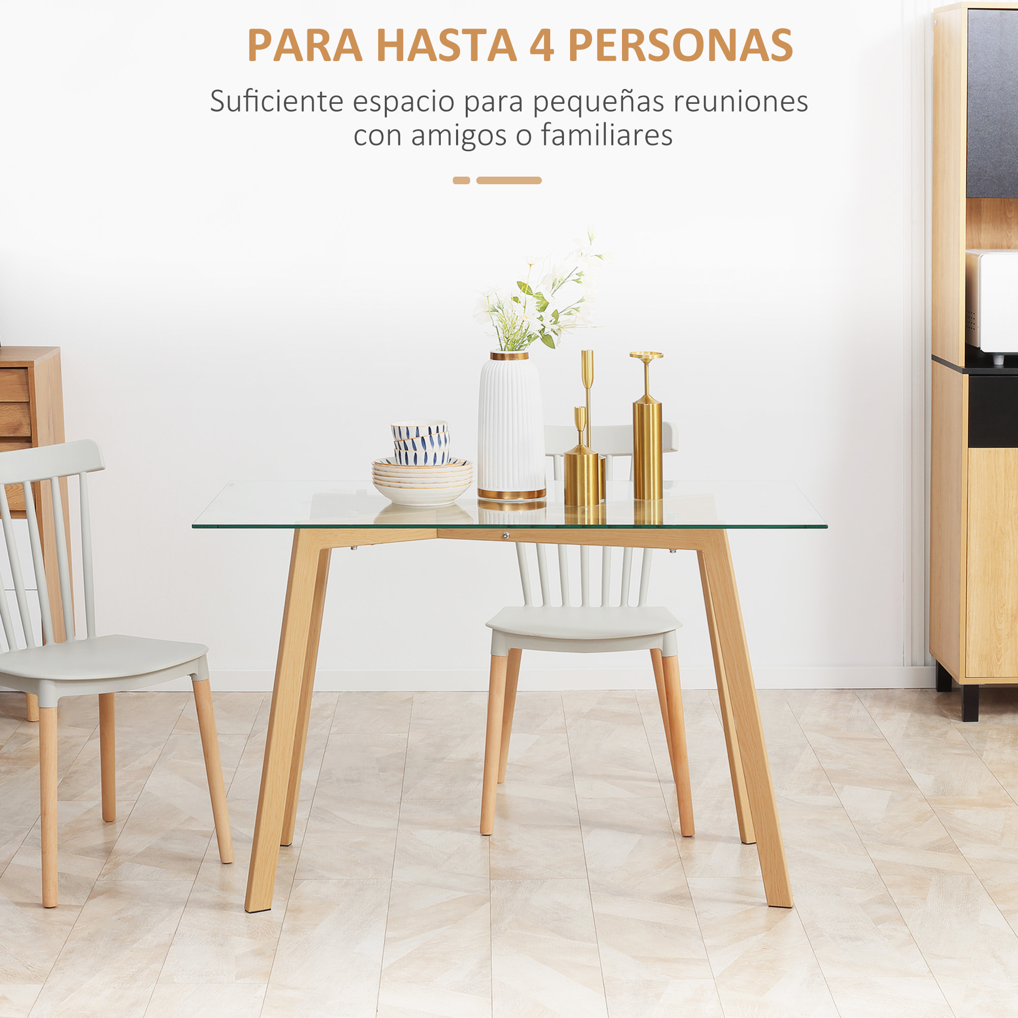 HOMCOM Mesa de Comedor para 4 Personas Mesa de Cocina Moderna con Tablero de Vidrio Templado y Patas de Acero con Efecto Madera para Salón 120x60x76 cm Transparente