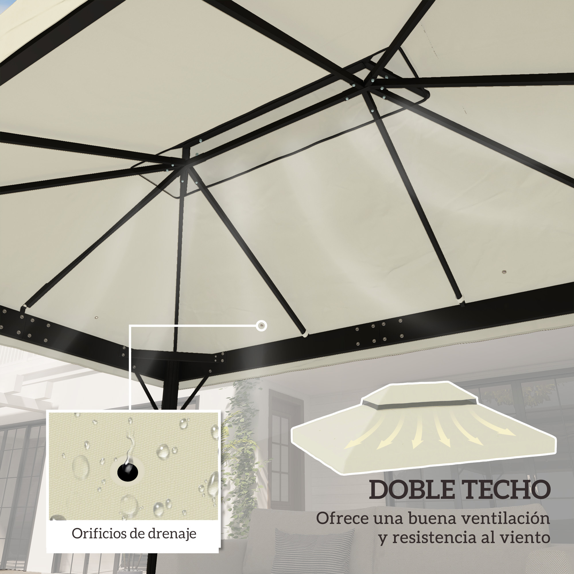 Techo de Repuesto para Cenador 4x3 m Cubierta de Repuesto con Techo Doble con Mosquitera Protección UV 30+ Toldo de Recambio para Pabellón Gazebo Crema