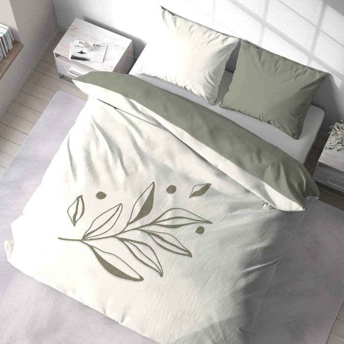 Parure de lit imprimé végétal blanc et kaki 240 x 220 cm en coton lavé