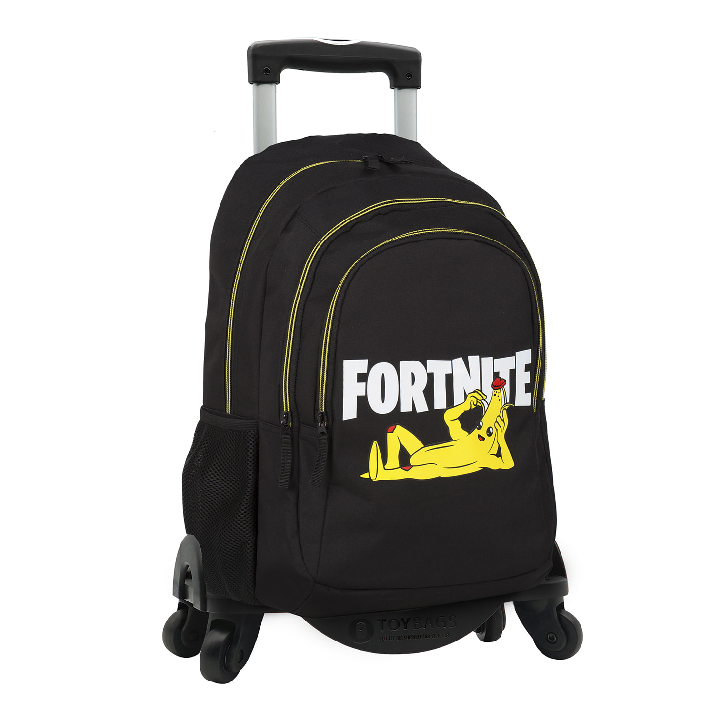 Fortnite Crazy Banana mochila primaria doble compartimento + carro  con protección lateral y stoper frontal, 4 ruedas multidireccionales.