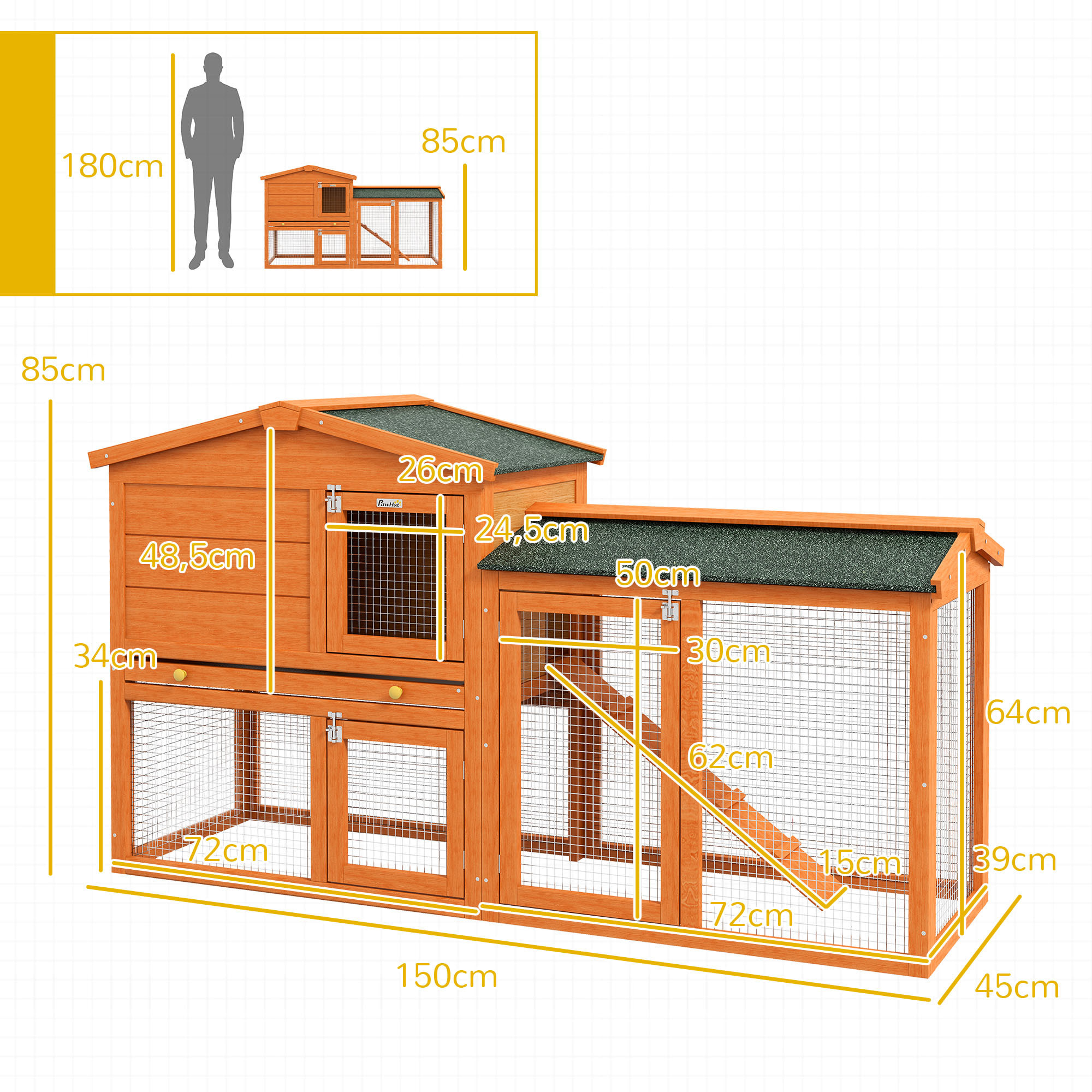 Conejera de Madera 150x45x85 cm Jaula para Conejos Grande con Techo Asfáltico Bandeja Extraíble y Escalera para Exterior Natural