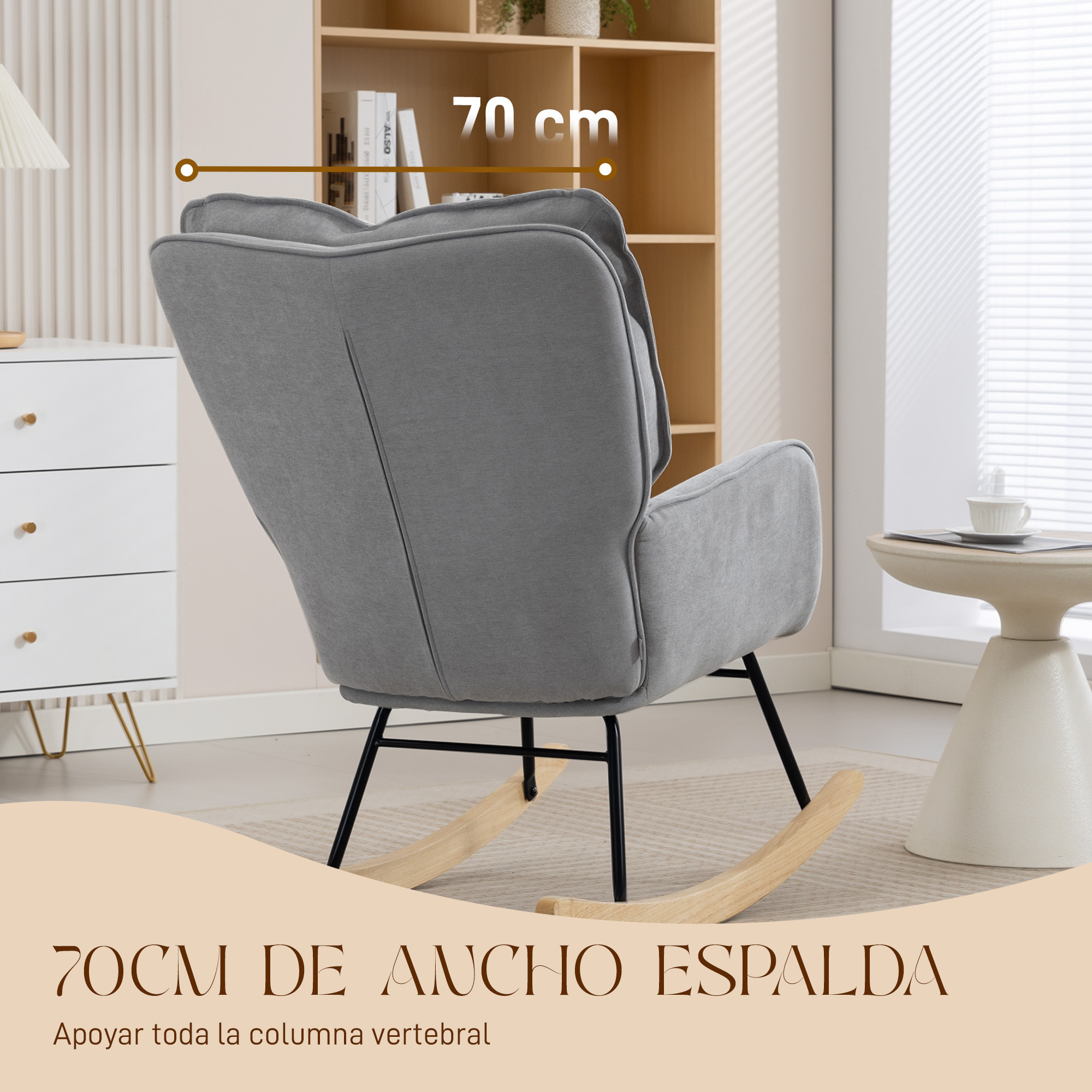 Silla Mecedora Moderna, Mecedora Tapizada en Chenilla, Sillón de Lactancia con Respaldo Ancho, Acolchado Grueso, Patas de Madera, Reposabrazos, para Dormitorio, Salón, Gris Claro